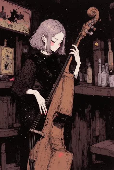 ((She is at the hotel bar, playing her wood bass, lightheartedly, with her eyes closed.)), quality, High Definition model, high detail, (((The textures are soft))), ((matte and toy-like with a handmade premium look)), (((Tim Burton style))), (((profile))),...