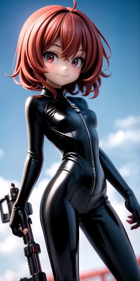 1girl, solo, medium hair, red hair, perfect face, red eyes, looking at viewer, cute, smile, :3, closed mouth, thin, flat chest, black biker suit, cowboy shot, clockwork city in background, masterpiece, high resolution, best quality, 