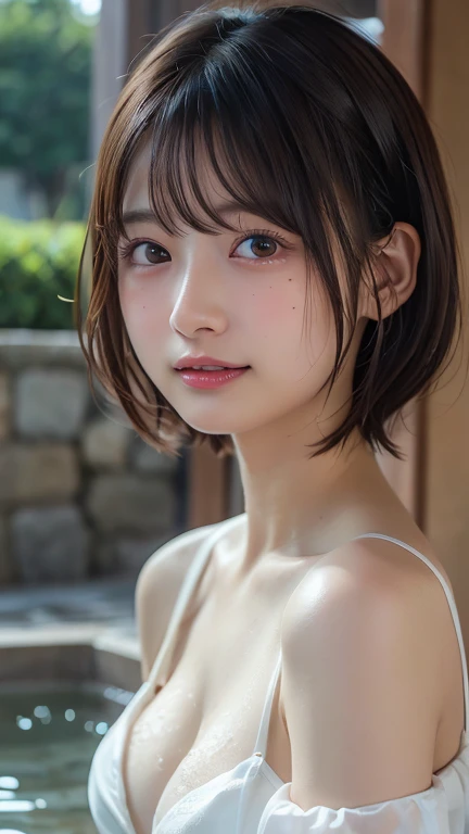 ( bob cut hair:1.2),(hot springに肩まで浸かっているている:1.2),1 girl,Japanese, 24 years old ,(small breasts:1.3),(Top Quality,masterpiece:1.3,super A high resolution,),(super high resolution,caustics),(photorealistic:1.4,RAW shooting,)super realistic capture,very well...