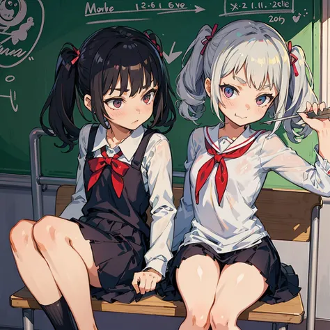 Young girl with grey hair, ((fringed and curly hair)),((curly short twintail)), curly hair ,(red eyes),((small bushy eyebrows)), wearing gothic lolita clothing, lolicon , to school,((bored eyes, bored face)), walking to school, in a classroom sitting with ...