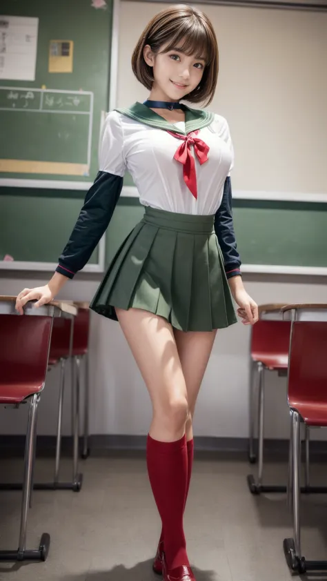 Masterpiece,Product quality,One young beautiful Japanese woman, Pin-up Model, smiling, medium height,(well-proportion:1.5), female student.
Front view,(Cowboy shot),(composition emphasizing thighs:1.4),(shot from below:1.4).
Daytime,(high school classroom:...