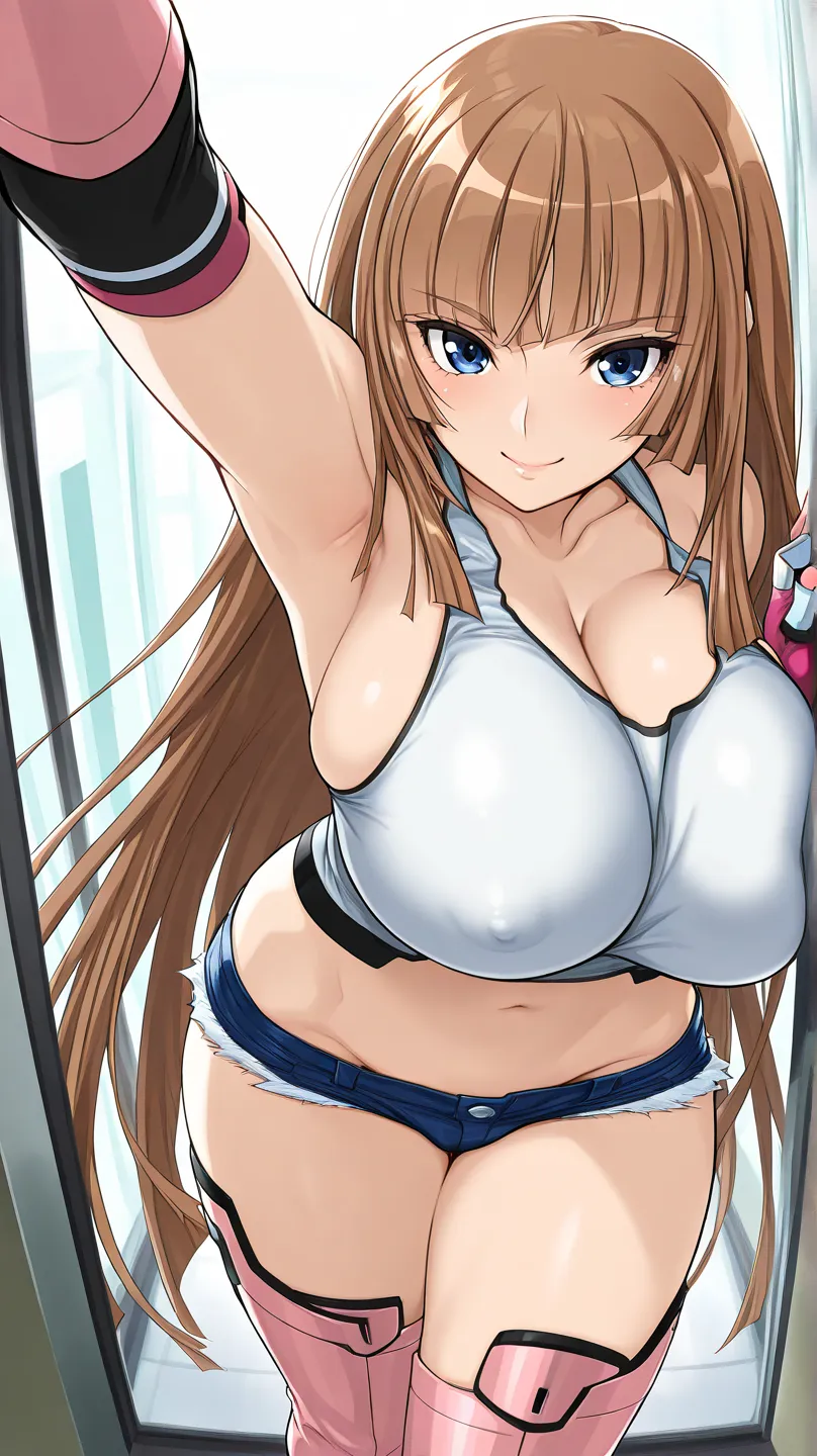 score_9, score_8_up, score_7_up, score_6_up, source_anime, aoi_nagisa_\(metal age\), (BREAK solo, 1girl), koukawa asuka, brown hair, long hair, blue eyes, bangs, side bangs, (huge breasts:0.9), solid circle eyes,(nsfw),

(leather shorts,lowleg shorts,micro...