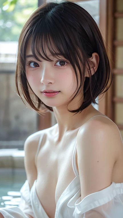 ( bob cut hair:1.2),(hot springに肩まで浸かっているている:1.2),1 girl,Japanese, 24 years old ,(small breasts:1.3),(Top Quality,masterpiece:1.3,super A high resolution,),(super high resolution,caustics),(photorealistic:1.4,RAW shooting,)super realistic capture,very well...