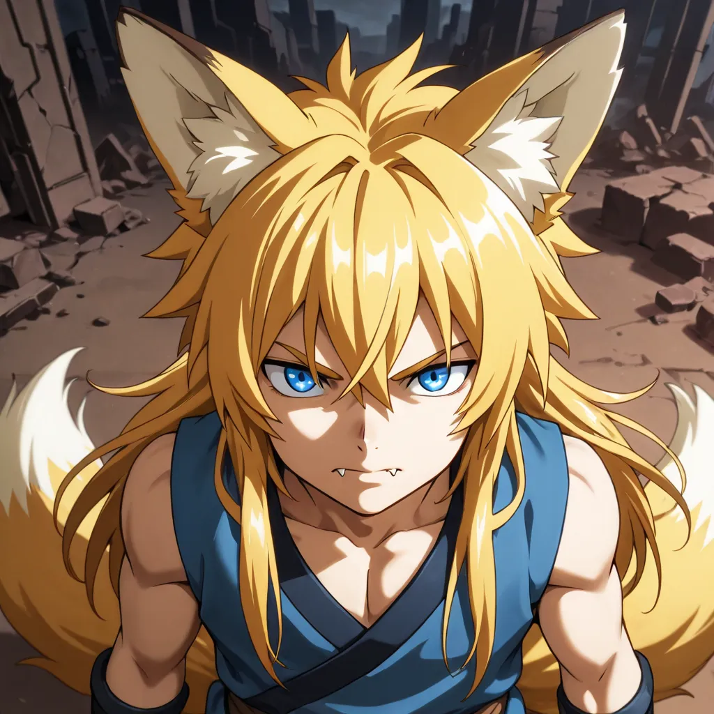 solo, blue eyes, Fox ears, double tails, anime,  Apocalypse, Anime style,  boy, blade, closed mouth, fangs, Strictness, top view, long hair, blonde hair, 