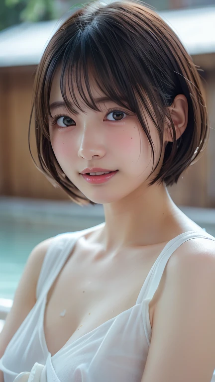 ( bob cut hair:1.2),(hot springに肩まで浸かっているている:1.2),1 girl,Japanese, 24 years old ,(small breasts:1.3),(Top Quality,masterpiece:1.3,super A high resolution,),(super high resolution,caustics),(photorealistic:1.4,RAW shooting,)super realistic capture,very well...