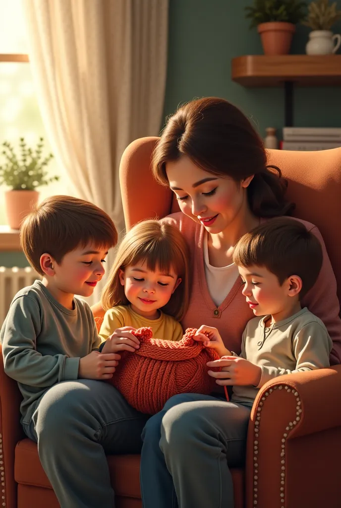 A mom knitting wool with a girl and two boys