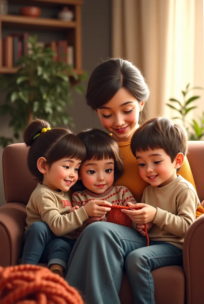 A mom knitting wool with a girl and two boys