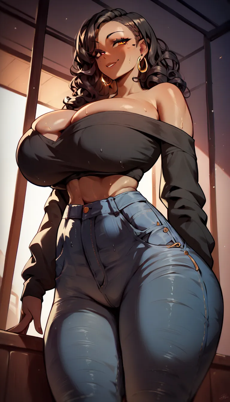 1 girl, long black curly hair, dark skin tone, solo, curvy, thick thighs, very huge breasts, seductive smile, sultry eyes, golden hoop earrings,off the shoulder long sleeve black crop top, high waist jeans, styled hair, dutch angle, sweating 