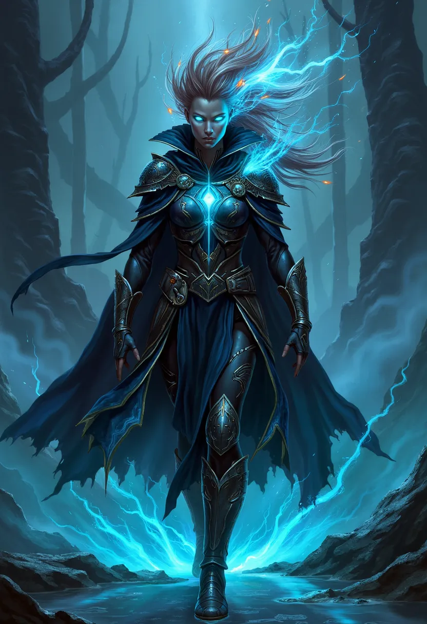 "An intense warrior with glowing neon blue eyes, walking through shallow water at night. Their hair and cloak are illuminated with bioluminescent blue and fiery orange energy patterns, resembling fire and electricity. The background is dark and mysterious,...