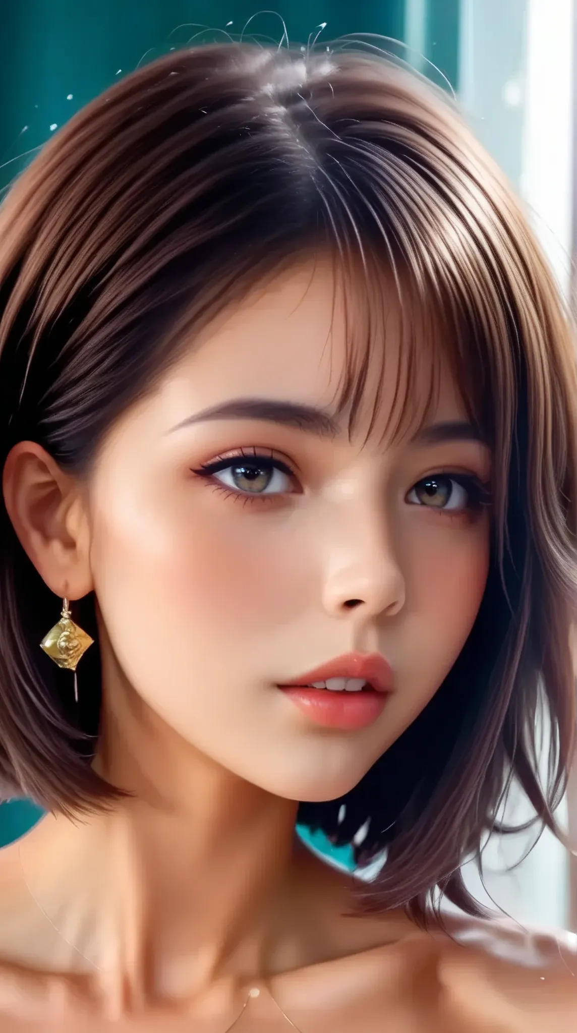  score_9, score_8_ up, score_7_ up, s uper detailed,   nude man and woman with hair at neckline 、 real skin、 Yag 、バスト up、 bob cut the blue cloth、double、droopy eyes、  thin lips、Ovum Overview 、Small chin、  dark eyes、 Almond Eye、Thin Nose、Narrow eyes、Complete...