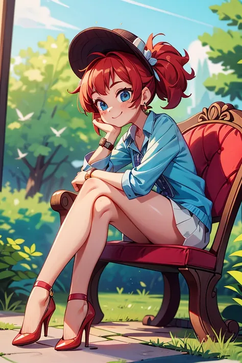 (masterpiece, best quality), 1girl, blue blouse with short neckline, white short skirt, red hair, two ponytails, cute face, blue eyes, sitting with legs crossed, outdoor, intricate detail, sunlight, elegant little hat, sexy pose, red heels shoes, earrings,...