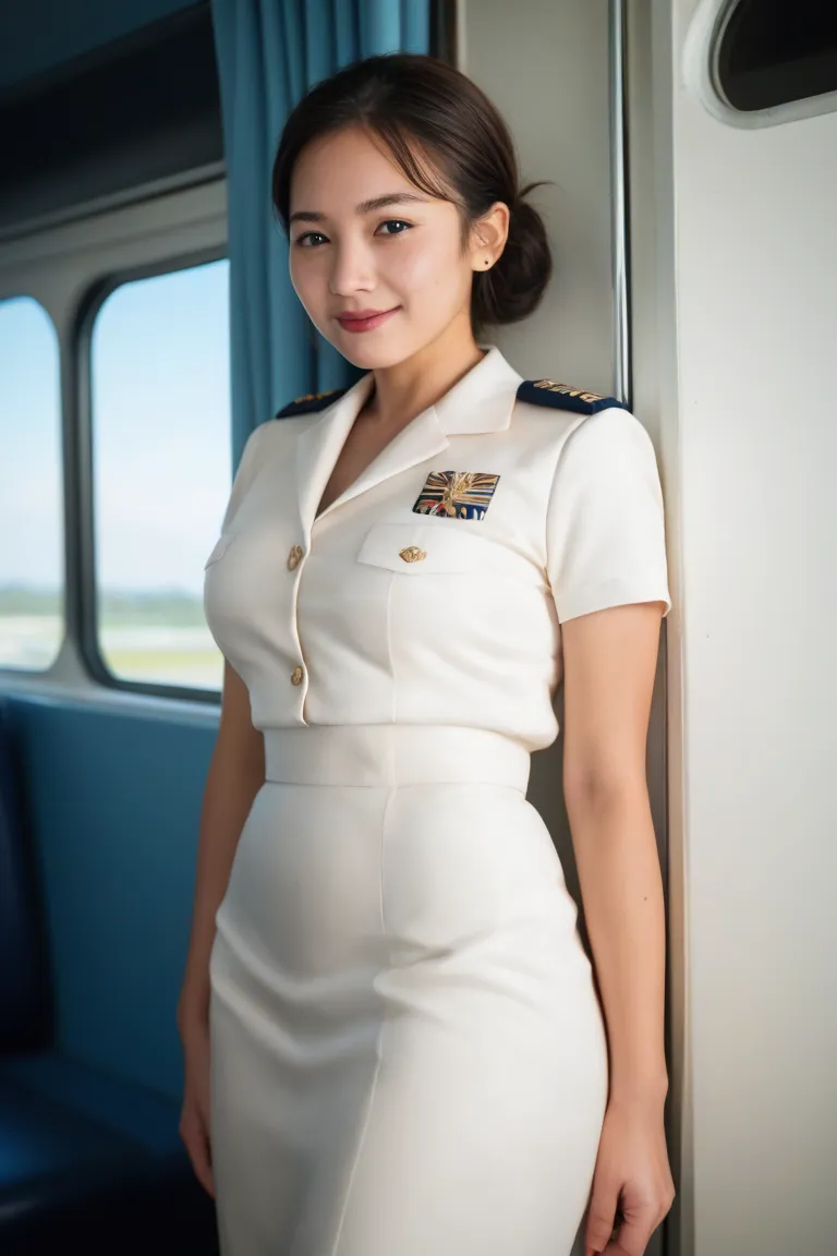 40-year-old woman、cabin attendant、 young、Inside a large airliner、stewardess uniform、Boeing、Airbus