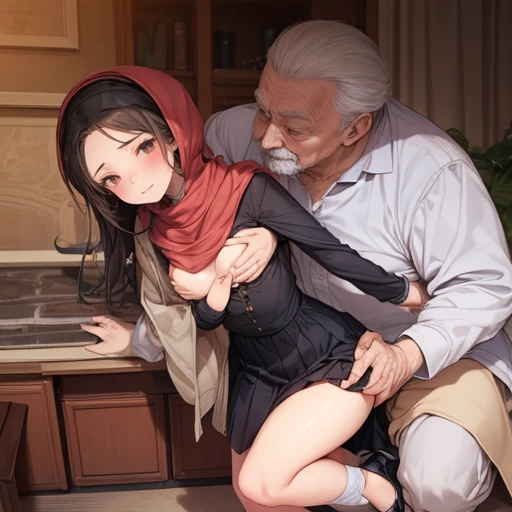 (19yo pakistani muslim girl), wearing hijabed schoolgirl clothes ((erotica)) and high heel shoes, Beautiful brown eyes, long stylish hijab/scarf, ((being seduced and fondled on her small breasts by an elderly man)), old man groping breasts, kissing old man