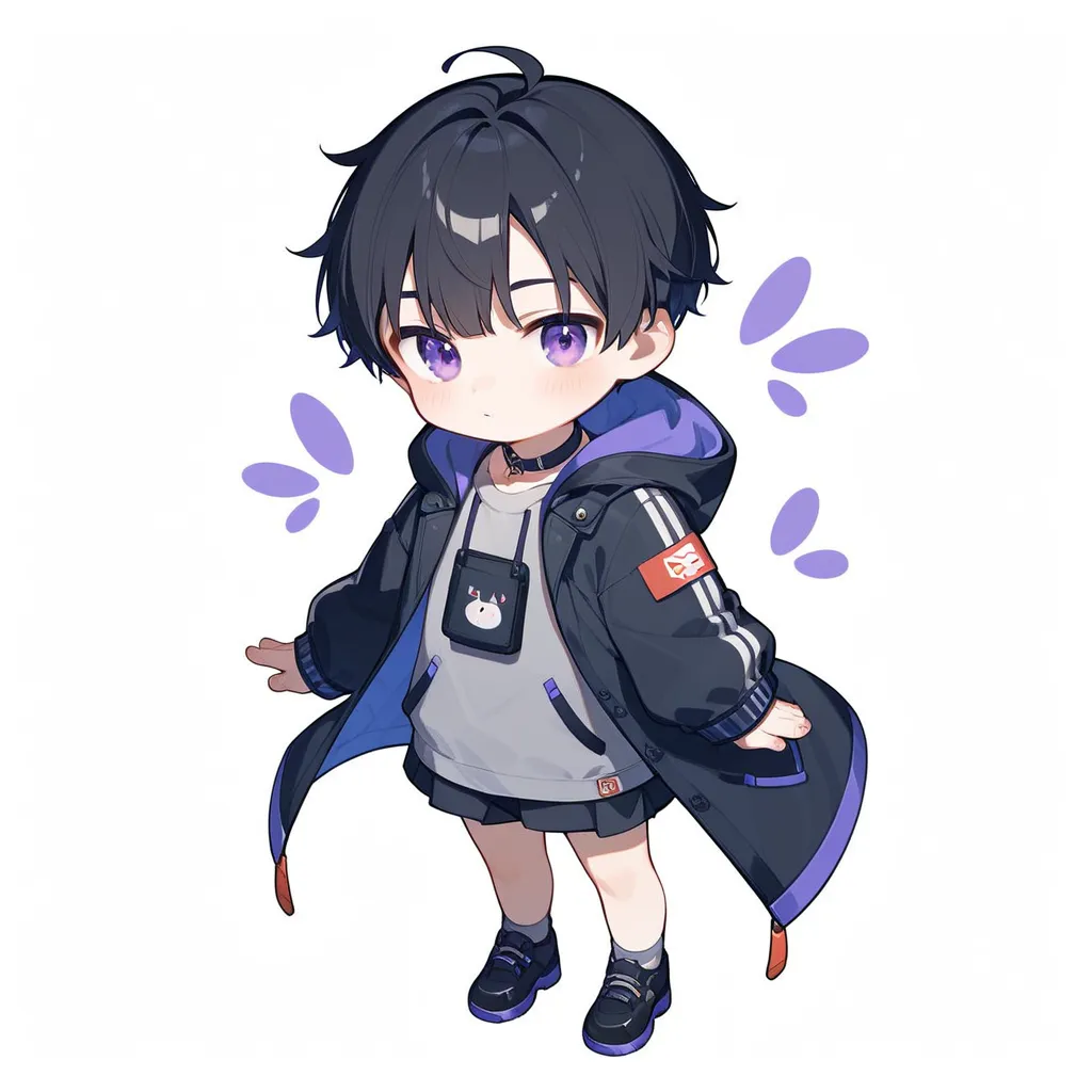  icon style illustration、(超High Resolution:1.2),(absurd:1.2),(High Resolution:1.2),(best quality:1.2), chibi,nice,simple pattern for background、Shortcut、 black hair、young man、Purple Eyes、 hooded coat、grey shirt、 Slacks ,The right hand is expressed in purpl...