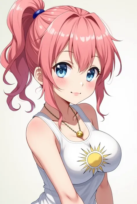 anime style,  half body, Adult girl , white skin,  big breasted lingerie. wavy hair tied up by a ponytail on one side of her head, soft pink hair with reddish tips, blue eyes and an expression of confidence and cheerful, a sleeveless white blouse with a dr...