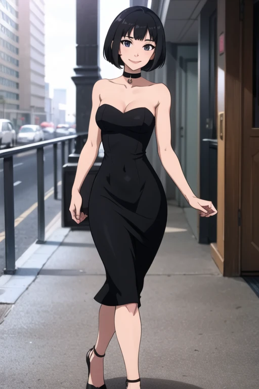 1 girl, age, black hair, short black hair, medium hair, bob hair, black eyes, little black dress, strapless dress, short bodycon dress, skin-tight dress, smile, black choker, fancy hotel, sexy, masterpiece, high quality, walking.