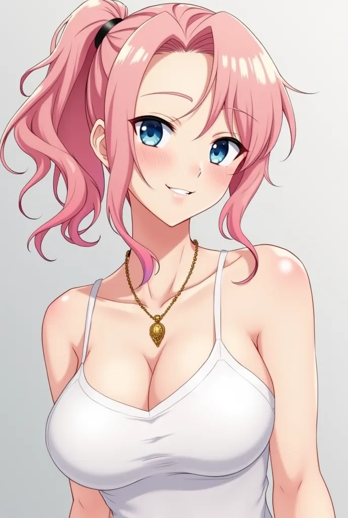 anime style,  half body, young adult woman, white skin,  big breasted lingerie. wavy hair tied up by a ponytail on one side of her head, pale pink hair with reddish tips, squinted blue eyes and a confident and cheerful expression, a white sleeveless blouse...