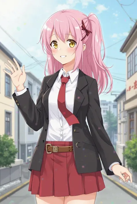 hinamori amu, solo, yellow eyes, pink hair, side ponytail, school uniform,(white shirt, unbuttoning), black jacket, red necktie, red skirt, belt, x hair ornament, smile, wave, Outdoors, in the city, residential area,