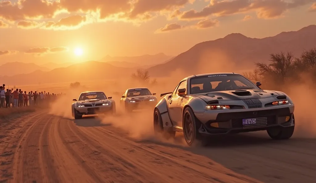 A group of realistic sports cars racing on a dusty desert road, kicking up sand as they speed towards the finish line. The background features a sunset with deep orange and purple hues, and a crowd of spectators cheering from the sidelines."
