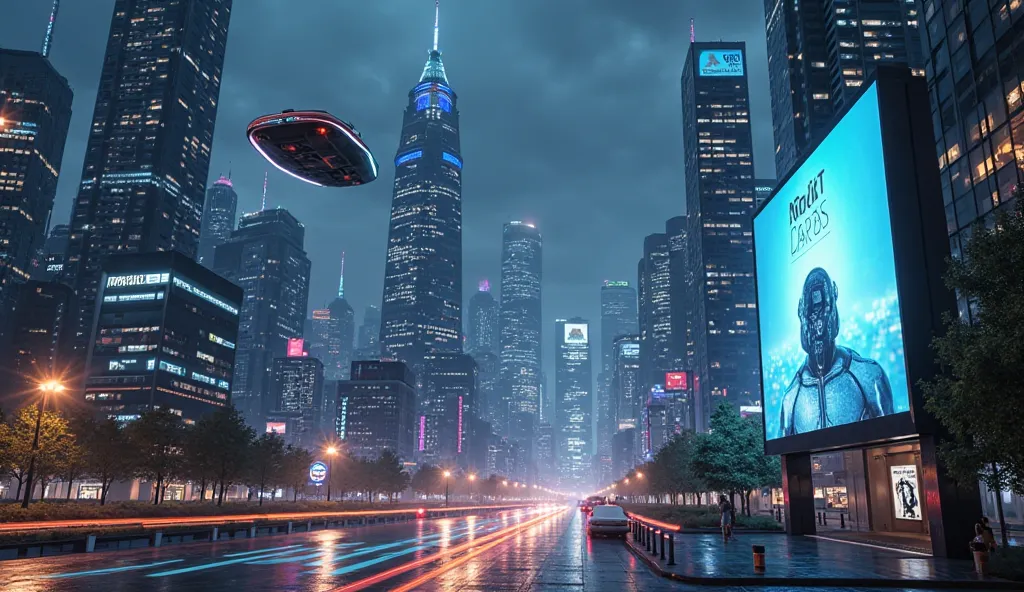 A futuristic cityscape at night with towering skyscrapers illuminated by neon lights. Flying cars hover above the streets, and a giant digital billboard displays an advertisement for a new AI-powered robot.