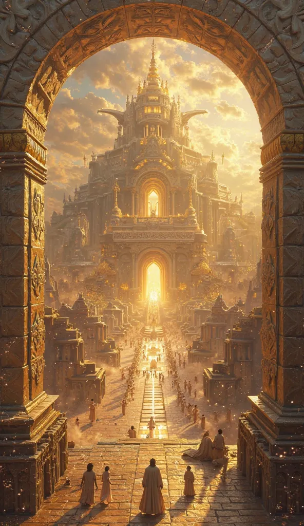 A magnificent celestial city, glowing like a most precious gemstone, similar to jasper and shining crystal. The city has a great and high wall with twelve gates, and at the gates stand twelve angels. Each gate bears the name of one of the twelve tribes of ...