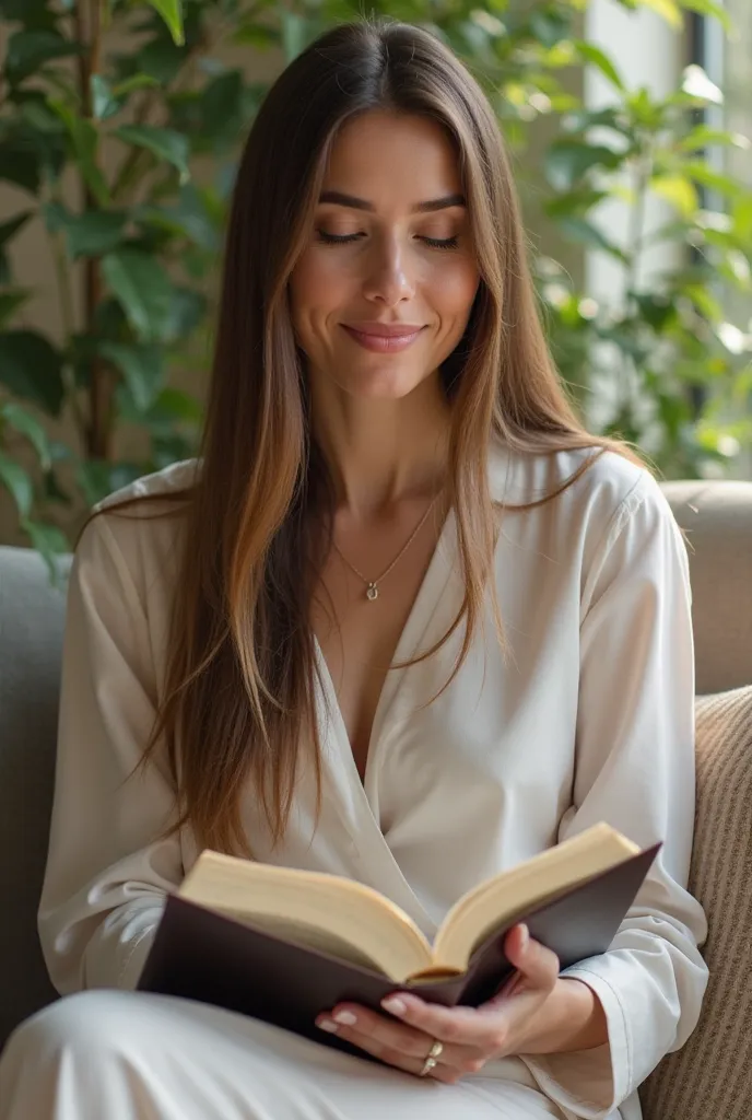 A 35-year-old Christian woman,  with long straight hair , white skin, wearing elegant and modest clothing, reflecting her role as minister and entrepreneur. She is seated in a natural and serene environment, such as a garden or a well-lit room, holding a d...