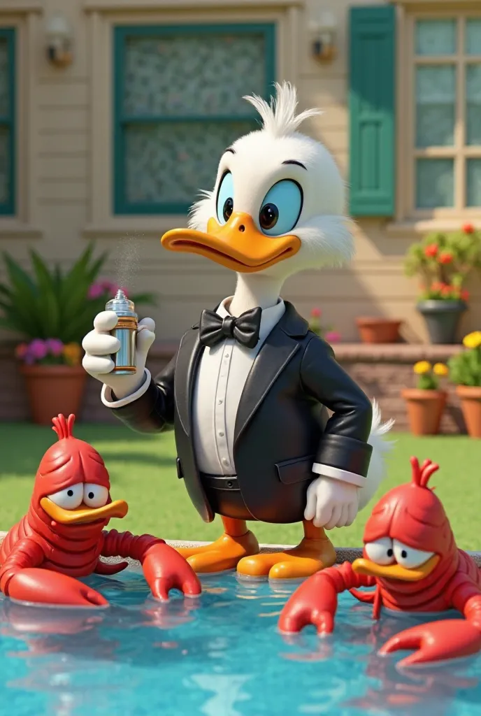 An anthropomorphic duck dressed in a black tuxedo is standing beside a pool, holding a salt shaker and apparently tempering animated lobsters that swim in the water. The lobsters have worried expressions and are drawn with large eyes and raised claws. The ...