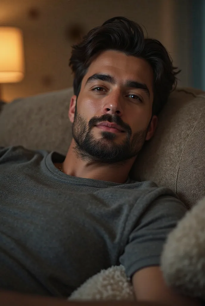 Young man with a beard , Sitting on the couch relaxed 