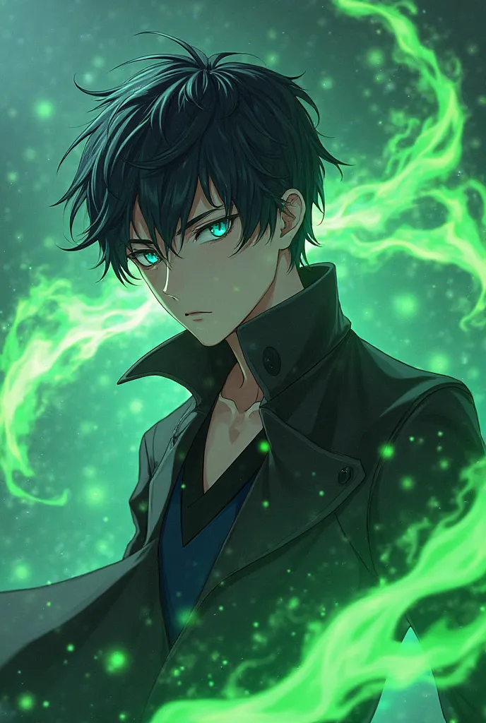 Make it anime style: a boy with black hair and bright blue eyes. wears a stylish outfit with a black coat and controls green fire.