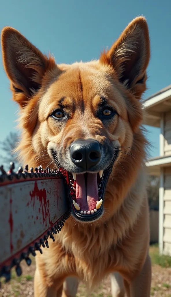 a caramel-colored dog , with the face very close to the image, All bloodied holding a chainsaw, The background of the image the piece of an American house and the blue sky but not very cloudy