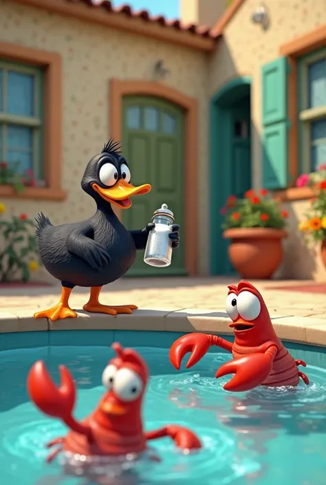 A black anthropomorphic duck is standing next to a pool, holding a salt shaker and apparently feeding the lobsters that swim in the water. The lobsters have worried expressions and are drawn with large eyes and raised claws. The environment is a vibrant ba...