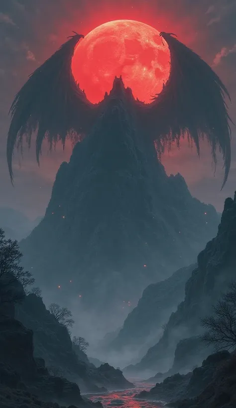 "A towering, mist-covered mountain under a blood-red full moon. A massive, shadowy figure looms above the peaks, its grotesque wings spreading wide. Strange symbols burn into the sky as the wind howls unnaturally."