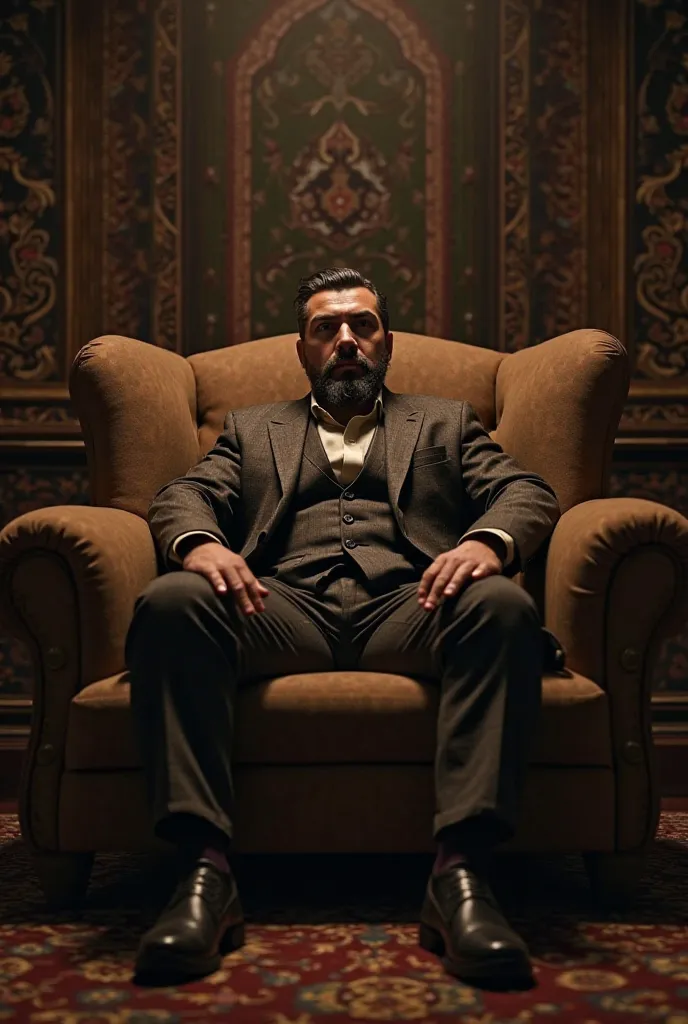 powerful Turkish man sits on the sofa in your room with his legs spread wide 