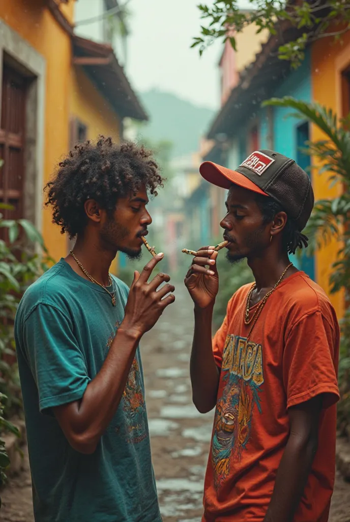 Two friends smoking marijuana Rio de Janeiro style men's clothes and brunettes in Rio's favela 8k