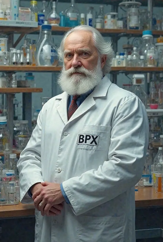 Dmitri Mendeleev wearing a laboratory gabacha with the letter logo "BPX " And in the background a pharmaceutical laboratory 