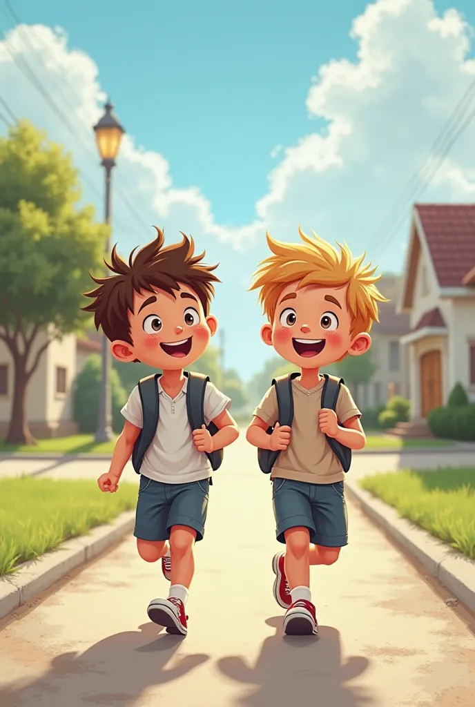 Two boys walking to school, smiling.