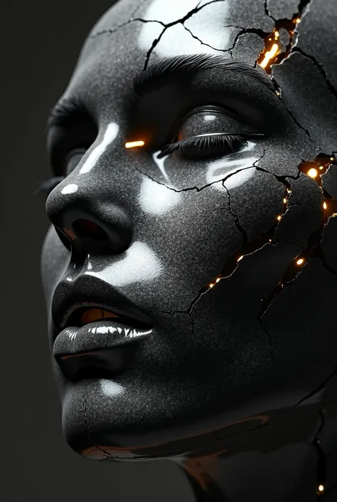 A hyper-realistic, high-definition black-and-white close-up photograph of a Black Metal woman sculpted from black marble. Her face is shattered by deep cracks, from which intense beams of cold white light burst forth, cutting through the surrounding darkne...