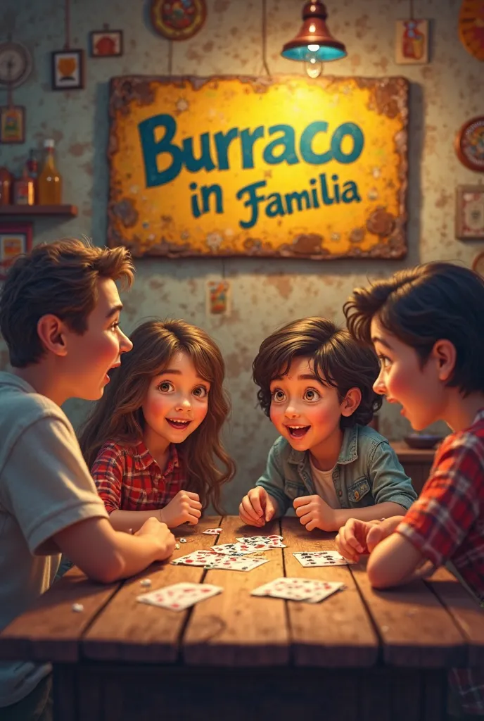 Family plays cards around a table. 
On the wall a yellow and blue sign with the inscription Burraco in Familia 
Burraco Social Club wall paper challenge 
Burraco in the family 