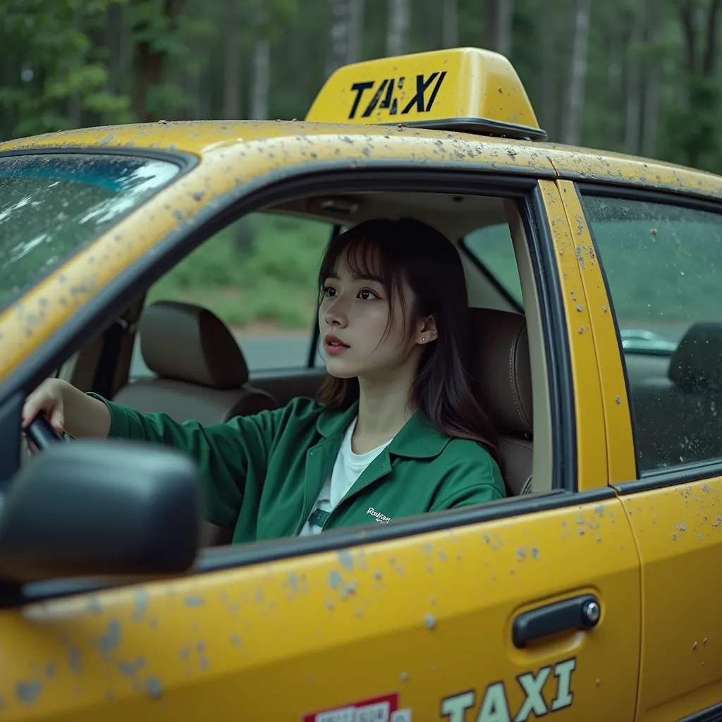 live-action、A car with an 18-year-old Korean woman sitting inside in the driver's seat, Yellow Green Taxi Meter Toyota Corolla Altis, 2004, Taxi sign on the roof of the car, Painted leather seat, Girl in Taxi, , a scene from a Thai horror movie, Abandoned ...