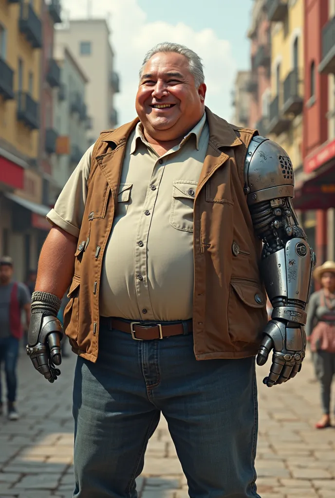 Fat man with a prosthetic arm