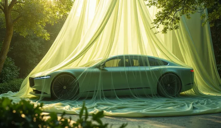 a solar powered luxury sedan car, focus more on Greenery and sunlight. donot show the whole car. hide the whole car using a revealing cloth