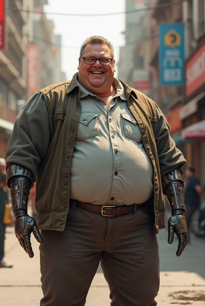 Fat man with a prosthetic arm