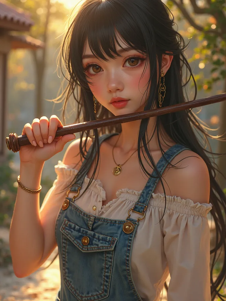 Beautiful Asian Girl, ,Show as Uzp,characters from the One Peach cartoon.,Uzp shooting a stick,The posture is natural,Glittering Gold,Sharp eyes ,lips are smooth curves,Long black hair,photo, high quality,there are excellent details, golden highlights,Ligh...