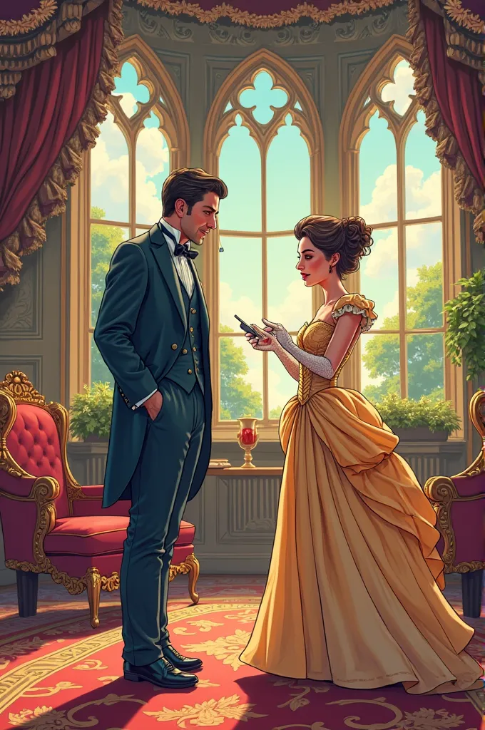 Create an illustration about a Sir and a madam in a British castle. Like comic book 