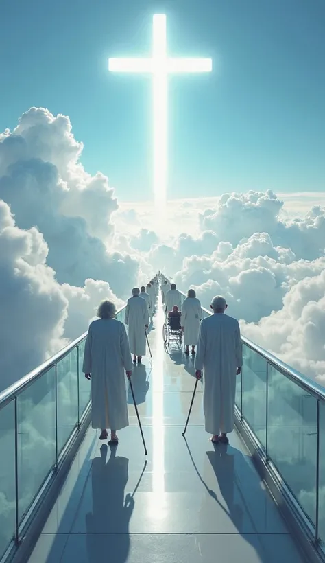 A long and majestic walkway suspended among the clouds, featuring glass railings and a reflective floor. Several elderly people, dressed in flowing white robes, walk slowly towards a grand celestial structure ahead, which has a massive illuminated cross at...