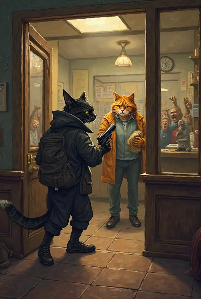 Two anthropomorphic cat thieves storm into the bank, carrying pistols and bags. Inside, several anthropomorphic cat customers and employees raise their hands in fear. One thief menacingly points his weapon at the cashier, while the other watches the crowd ...