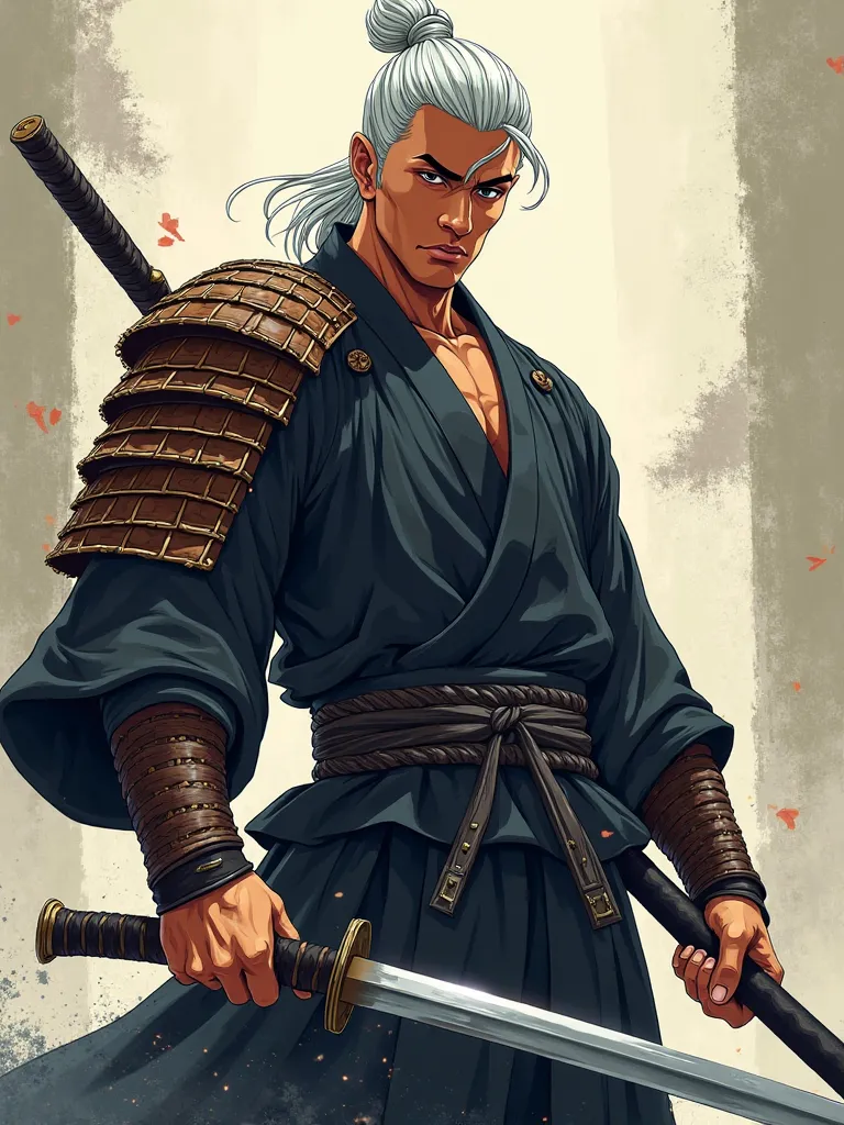 anime style, Tall and athletic man , brown skin, Chilling hair tied, Wide Face, Shihakusho preto, brown samurai armbands and shoulder pads,A thick and colossal katanaa