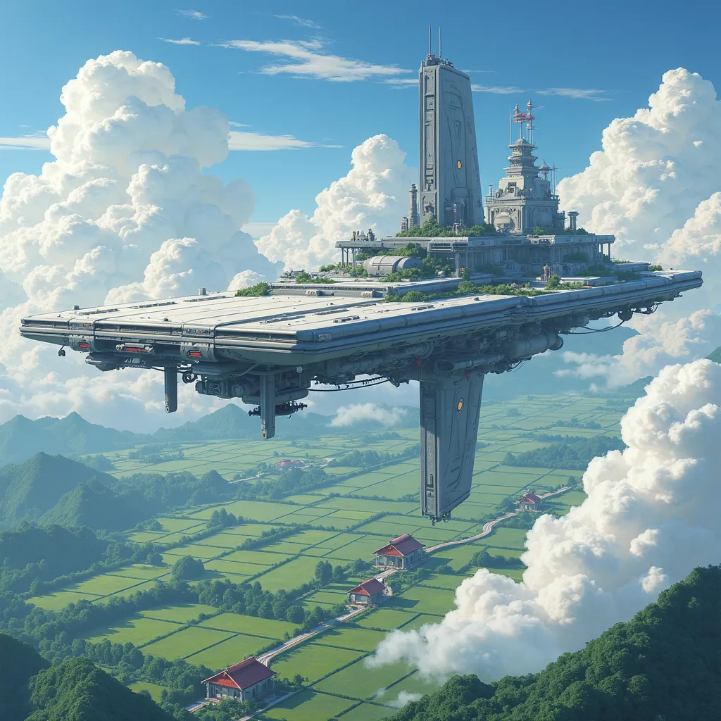 Sky, Above the Clouds, ((Flying City)), rectangular plate-shaped flying object, large drone, Large propeller with vertical orientation in all directions, Housing, field, Ranch, Steampunk, Japanese anime style