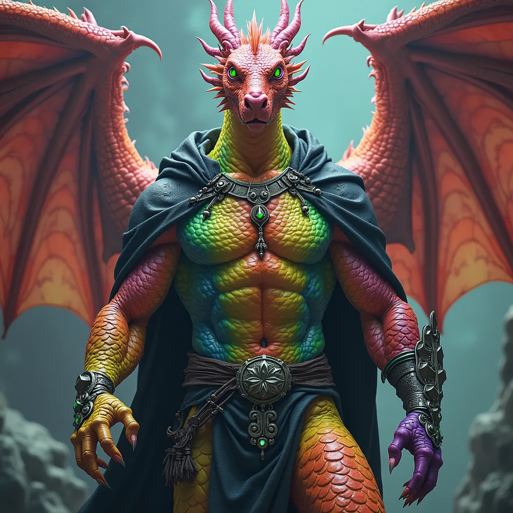 Hyper realistic photo image. Male Celestial rainbow anthropomorphic dragon God. Full bright rainbow colored scale dragon-human male hybrid with v-shaped torso very muscular body builder with narrow waist and well rounded buttocks and really long legs. 7’ t...