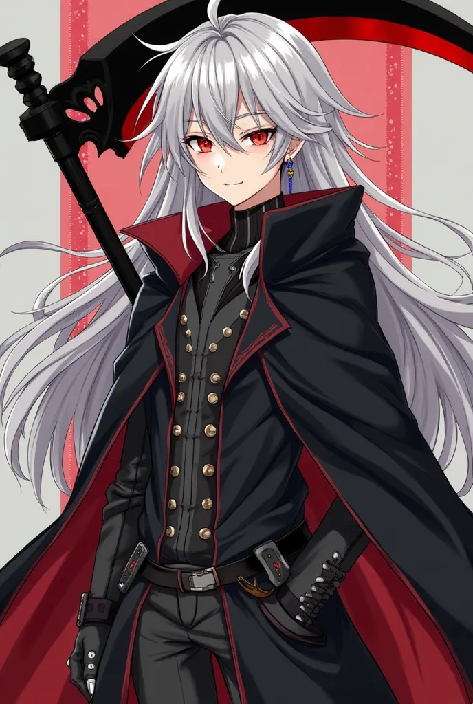 Anime character gender:male hair:long hair color: white he wears a black cloak over his clothes with a black scythe with a blood red blade eye color:red his smile is big and  Sadistic  i have eclipse moon earrings height 6'1 wearing a open trench coat with...